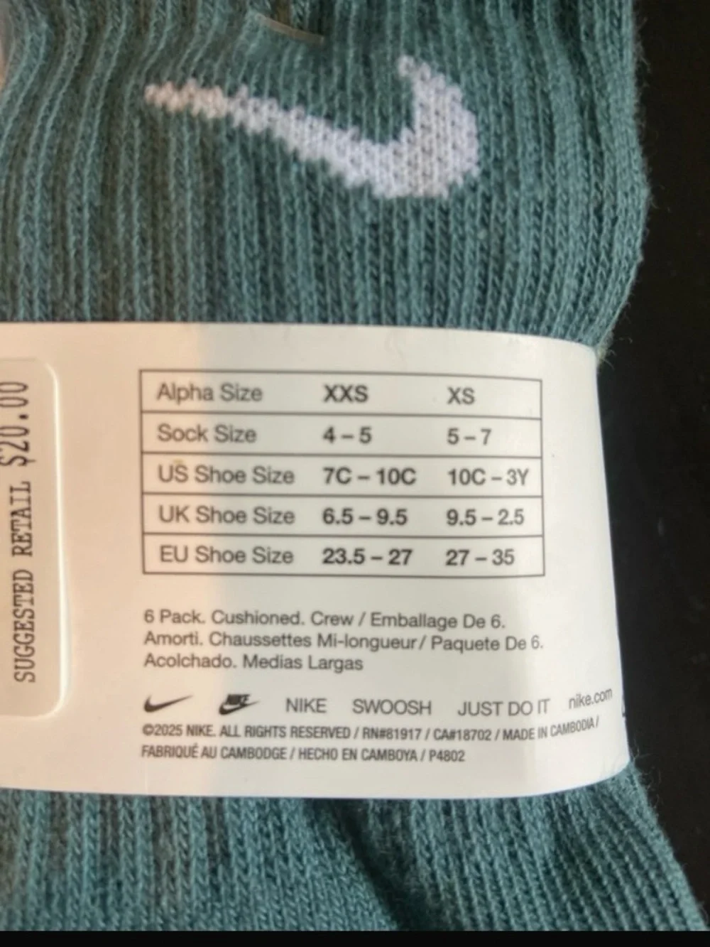 Nike 6-Pack boys Crew Socks Green, Lime, Teal, Blue, Black & White size 10C-3Y